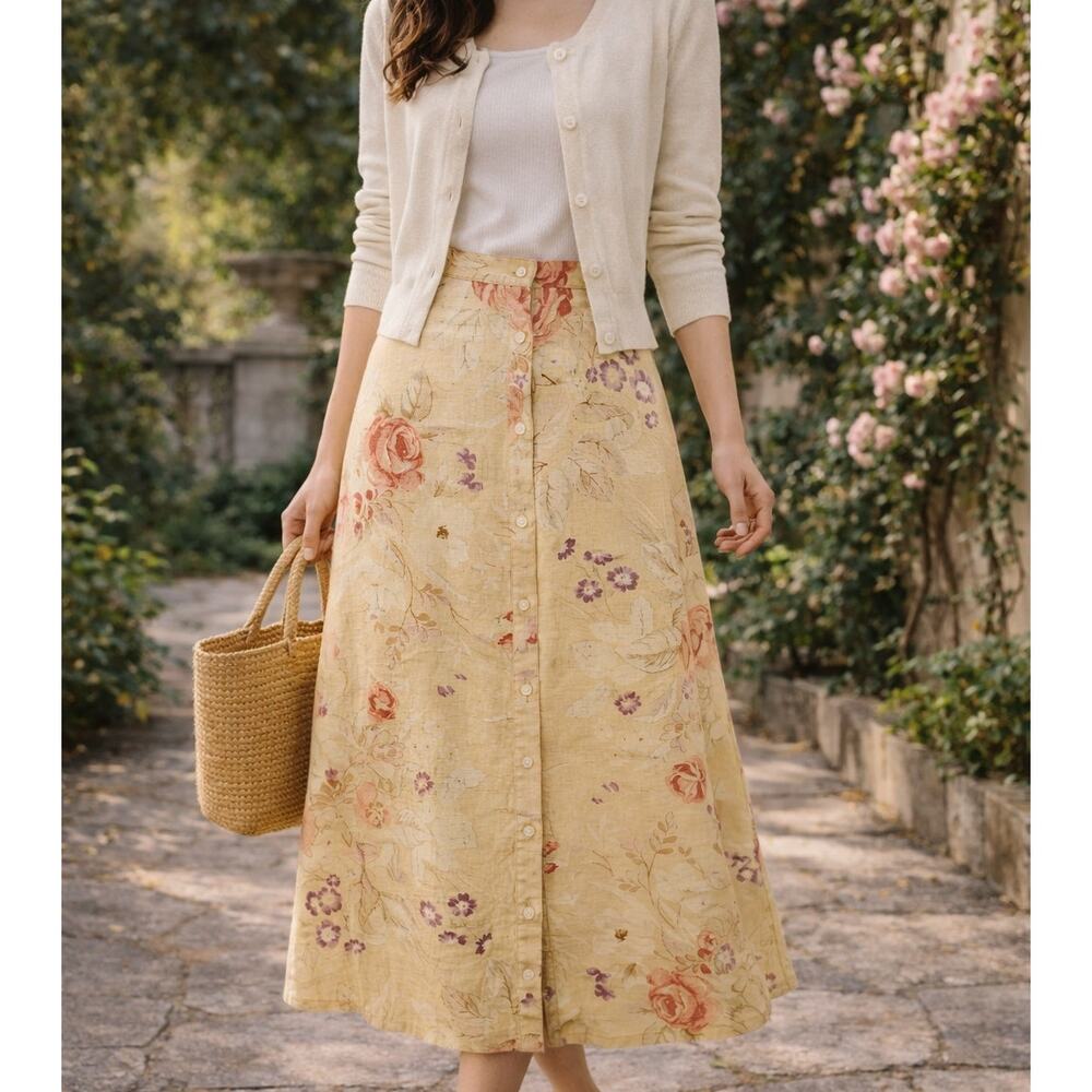 Lauren Ralph Lauren Linen Floral Button Front Midi Skirt Size 4